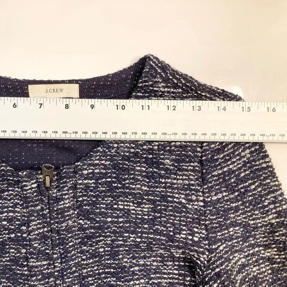 J. CREW Blazer Jacket XS Boucle Tweed Navy Ivory Peplum Zip Pocket Long-Sleeve